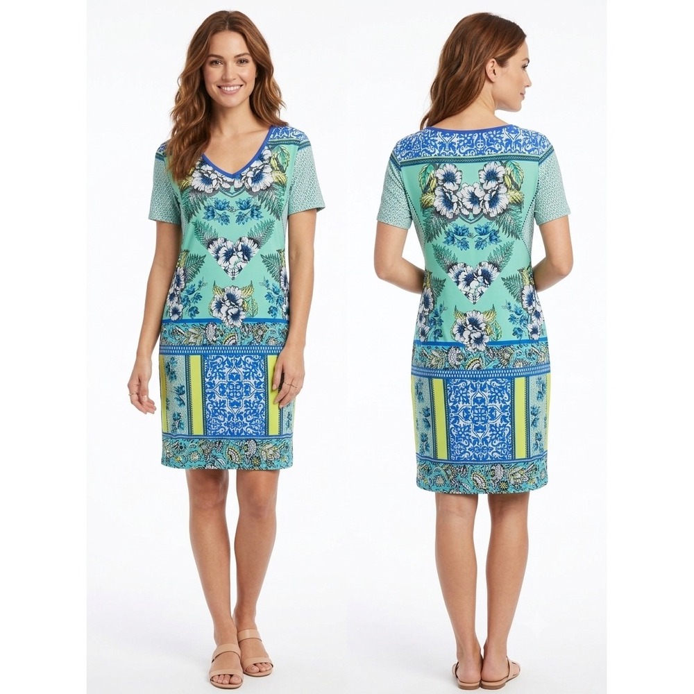 Laundry By Shelli Segal Mint Blue Floral Tile Print V-Neck Shift Dress M LY14661
